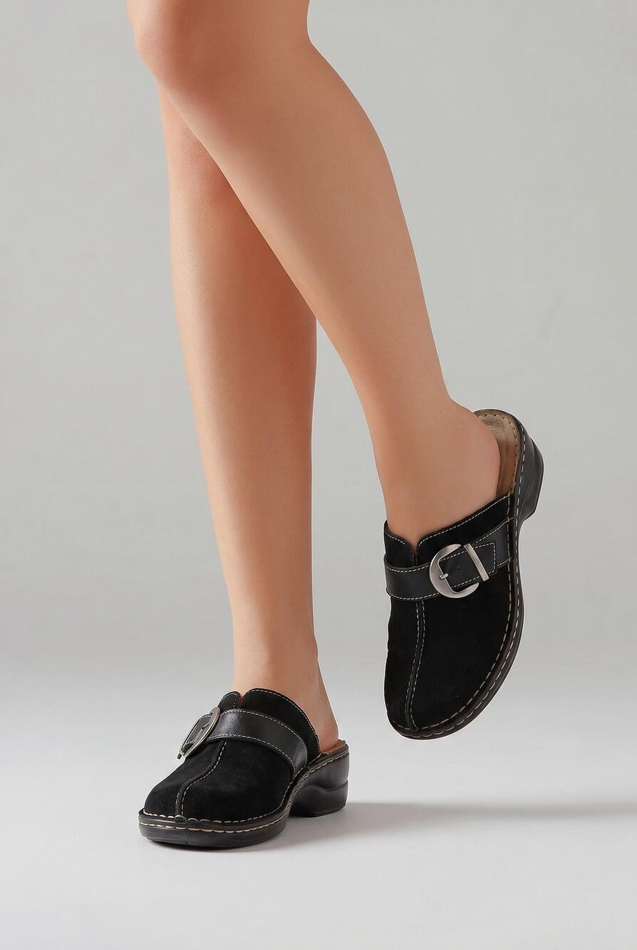 Vintage Naturalizer Black Suede Mules – Buckle Strap Clogs Size 8M